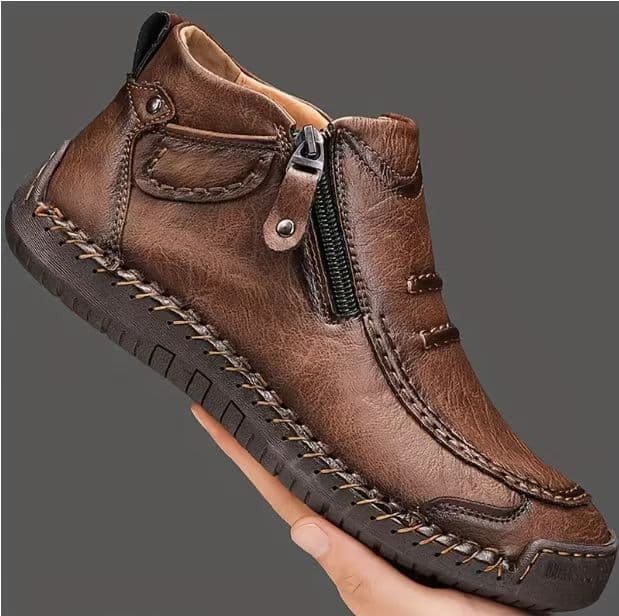 Cross-Border Popular Large-Size Men's Shoes with Pure Hand-Stitched Stitching, Outdoor Casual Shoes, Flat-Soled Zipper Short Boots