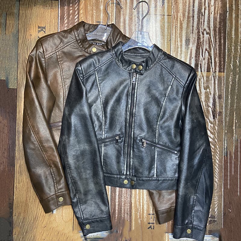 Trimmed motorcycle short leather jacket for women new style small design handsome cool stand-up collar trendy jacket