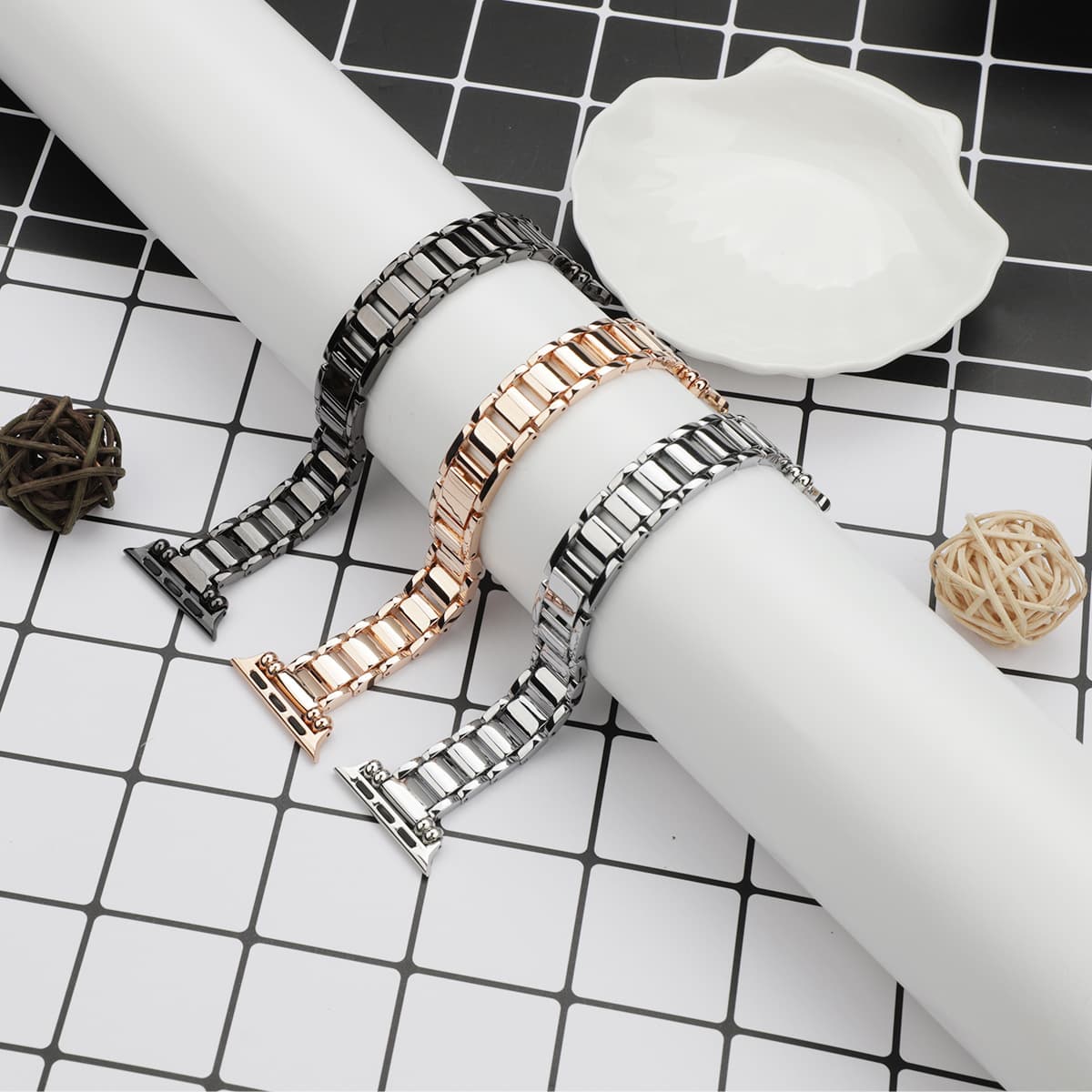 Suitable for Apple Watch 12mm zinc alloy strap + positioning beads applewatch98765 chain clause steel strap