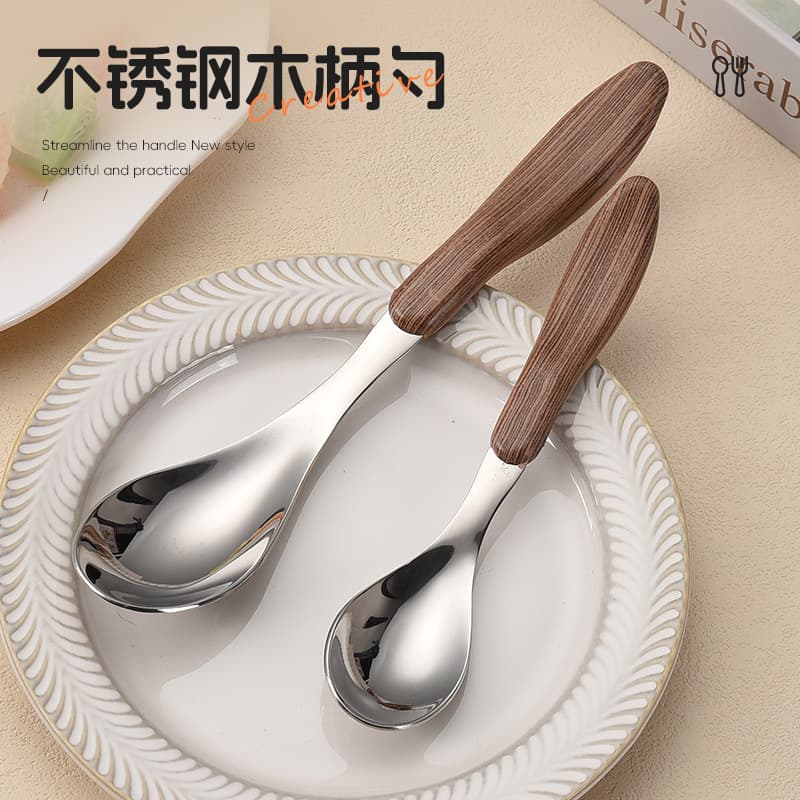 Imitation wood grain stainless steel knife, fork and spoon children's tableware set dessert cake fork complementary food spoon ins style eating spoon