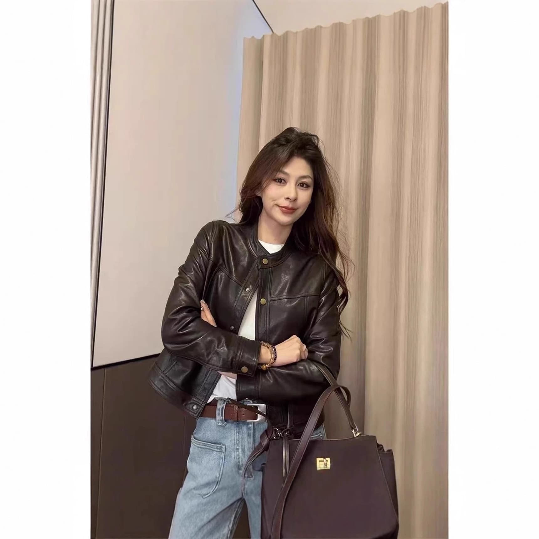 Women's PU Leather Jacket Short Korean Style Ladies Motorcycle Jacket 2025 Autumn Winter New Premium Brown