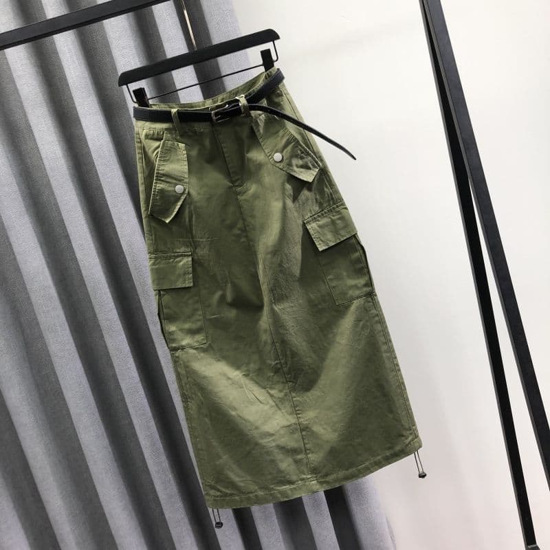 Military Green High Waist Denim Skirt Women's Spring and Summer Fashion Loose Casual Versatile Workwear Long Skirt New Style