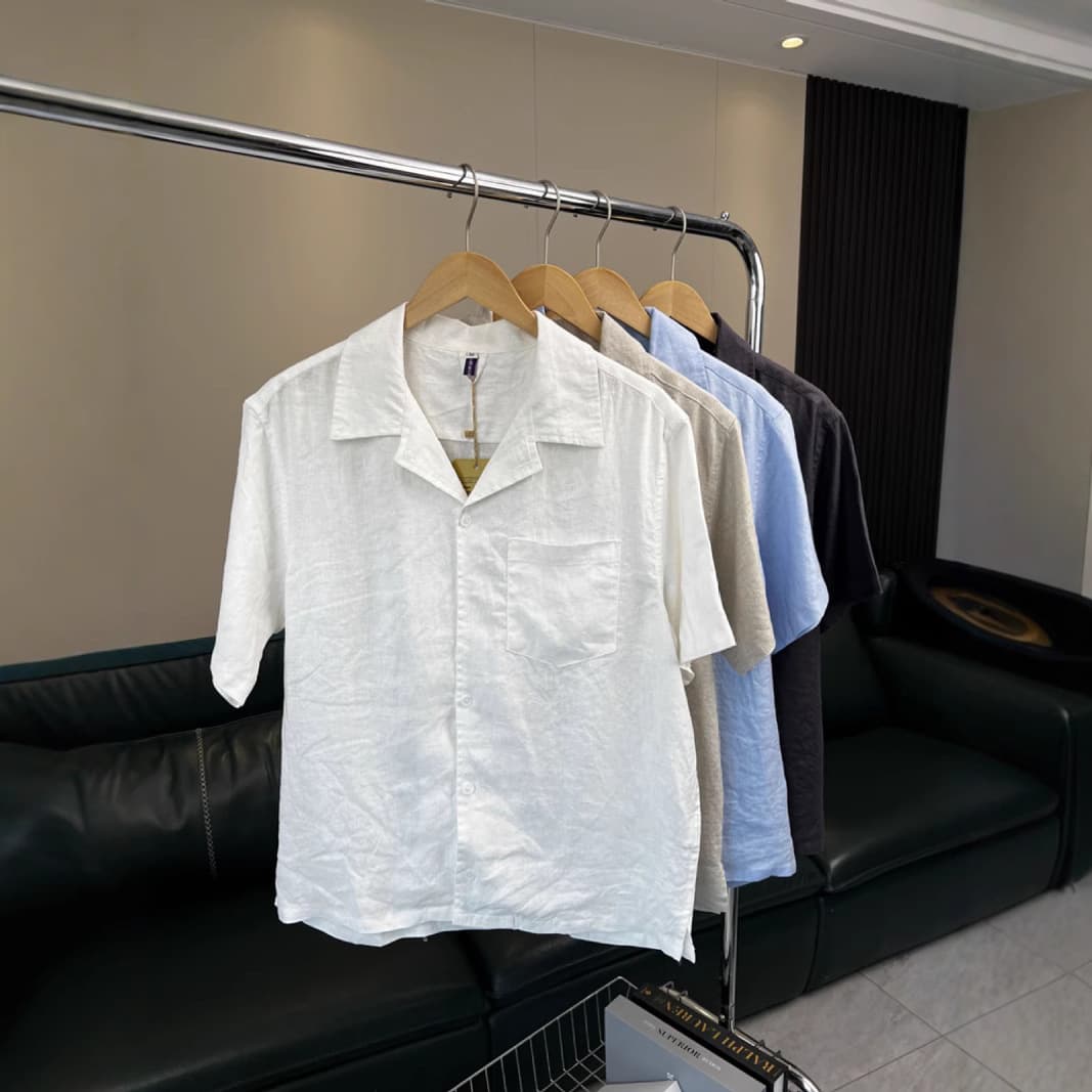 100% Linen! Classic Cuban Collar! Summer Men's Export Solid Color Casual Breathable Loose Short-Sleeved Shirt