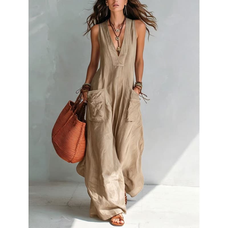 2026 Amazon Cross-Border Trade New Solid Color V-Neck Stylish Loose European and American Style Jumpsuit with Large Pockets