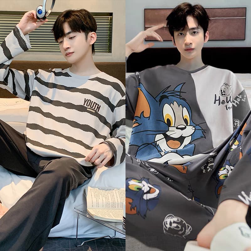 Men's Sleepwear Spring and Autumn Long-Sleeve Pullover Thin Style Wearable Outside Casual Home Suit
