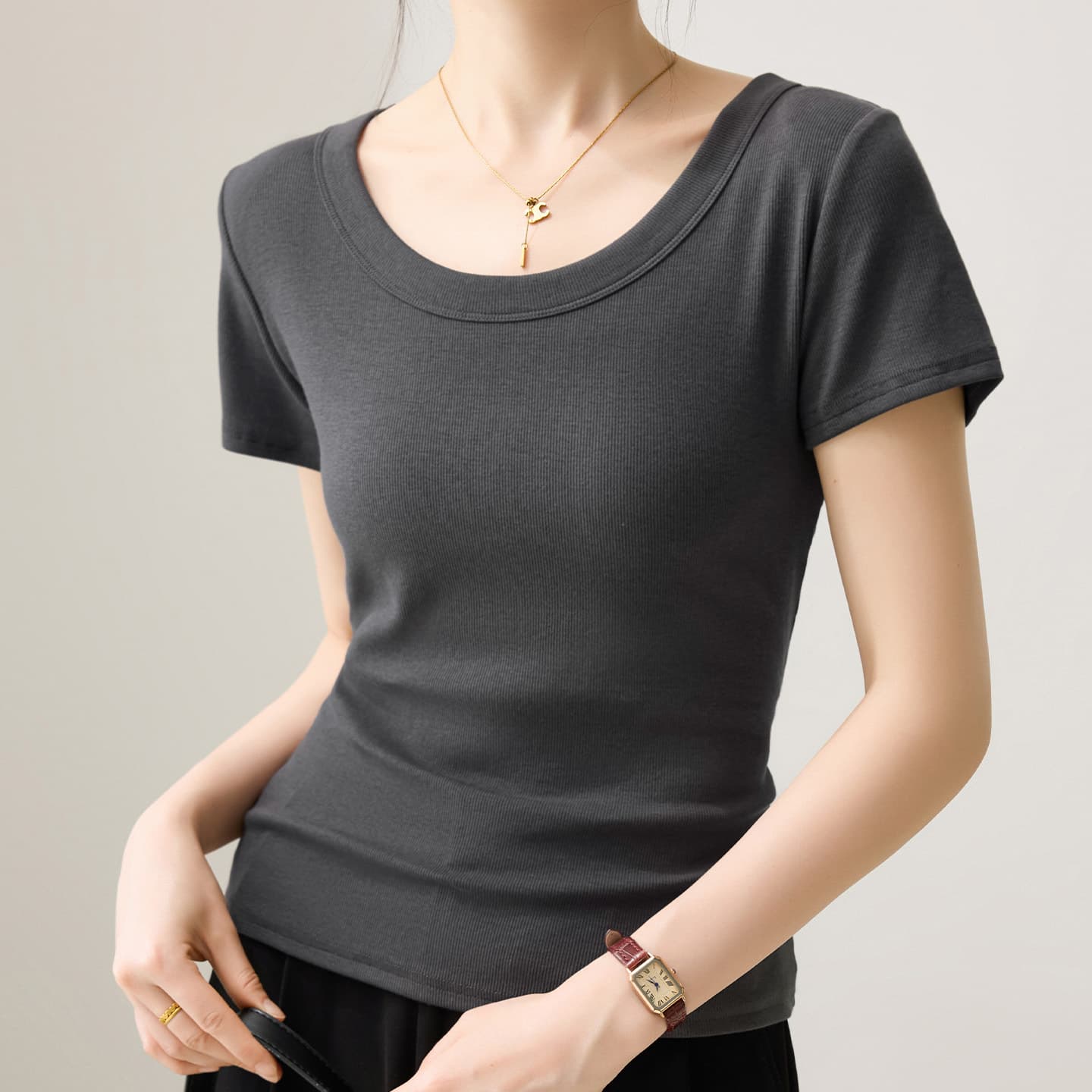 Solid Color Regular Shoulder Round Neck Short Sleeve T-Shirt for Women, 2026 New Summer Versatile Slim Fit Large U-Neck Base Top
