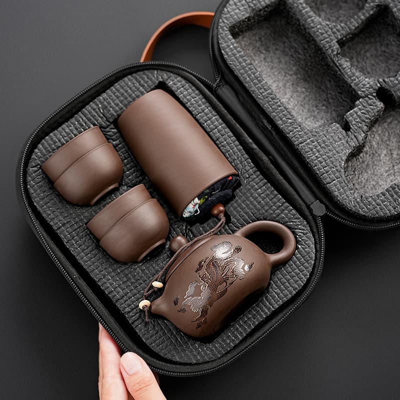 Purple Clay Travel Tea Set One Pot Four Cups Outdoor Portable Storage Quick Cup Kung Fu Small Gift LOGO Printing