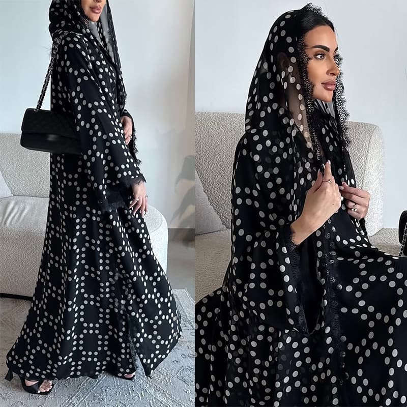 MQ245 2026 Summer Hot Selling Women's New Polka Dot Chiffon Cardigan with Headscarf Lace Patchwork Fashion Long Dress