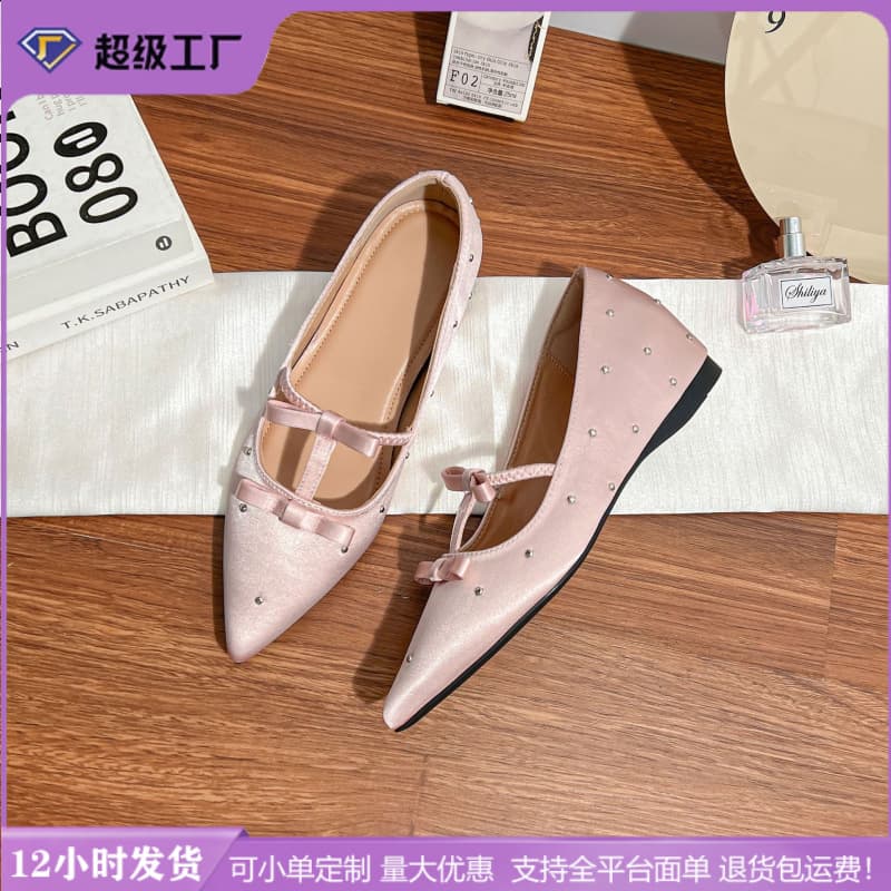 Women's Flats Shoes with Inner Heightening, Bow-Tie Pointed Toe, Elegant Women's Shoes, Soft Soles, Non-Tiring Feet, Rivets, Mary Jane
