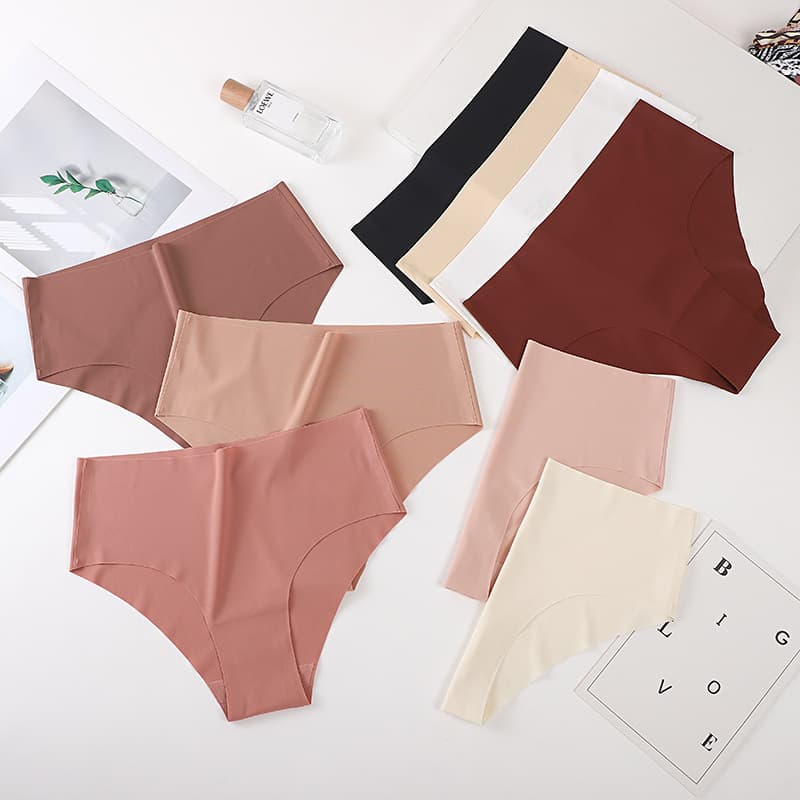 WH04# Simple European and American High-Waist Breathable Sexy Triangle Panties for Women, Seamless Solid Color Ice Silk Panties with Cotton Crotch