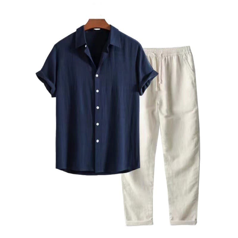 Cross-border Foreign Trade Amazon Independent Station Summer New Fashion Men's Solid Color Short Sleeve Shirt and Pants Set