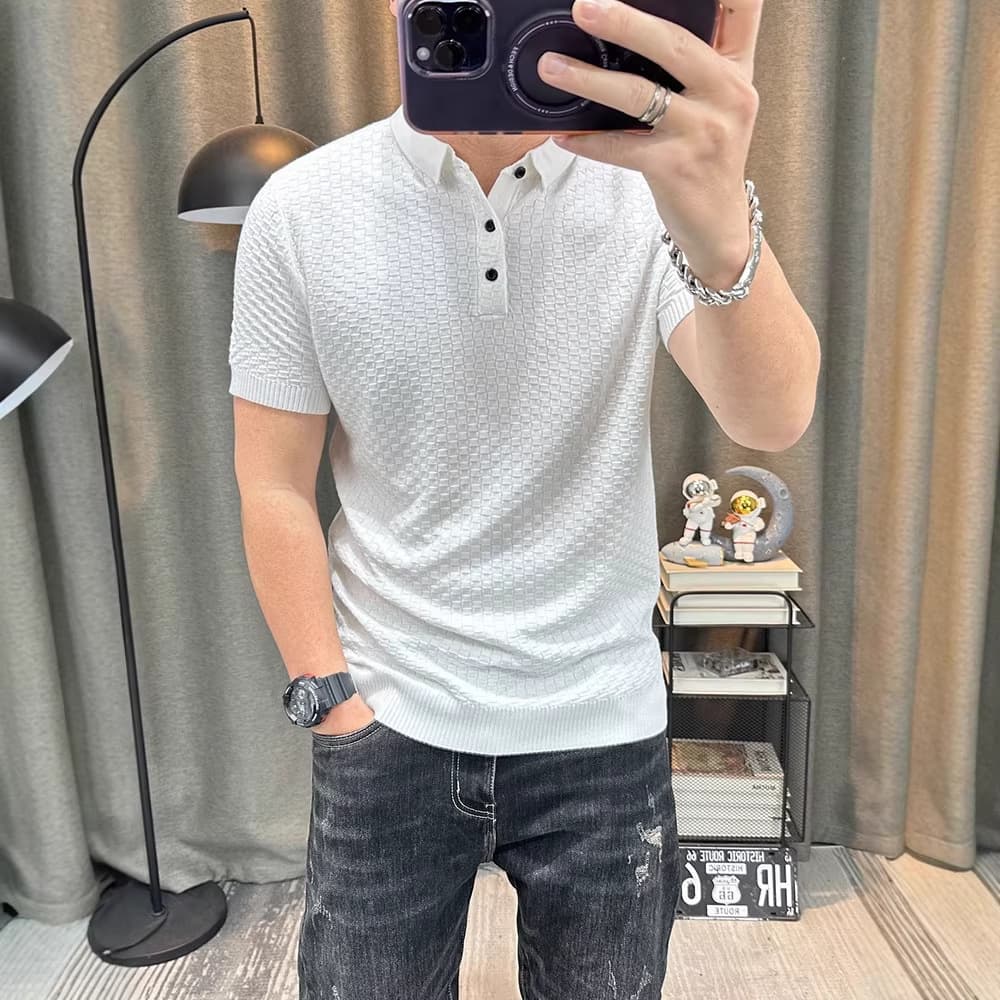 Men's Spring/Summer Versatile Knit Polo Short Sleeve Stretch Slim Fit Casual Top