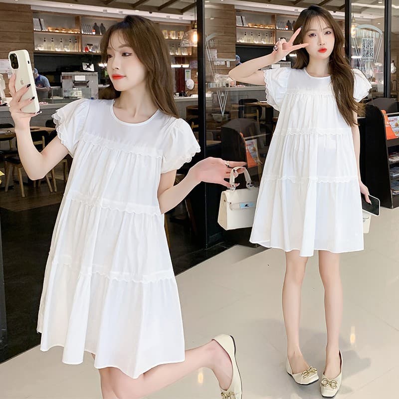 Actual Photo 2023 Summer Style French Bubble Sleeve Letter Print Flared A-Line Elegant Loose Cake Dress for Pregnant Women