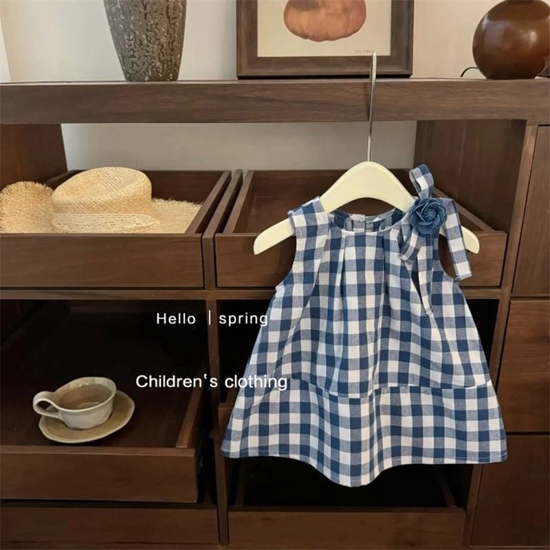 Tianxiaosi girls small fresh dress summer dress 25 new style children's blue plaid vest dress princess dress