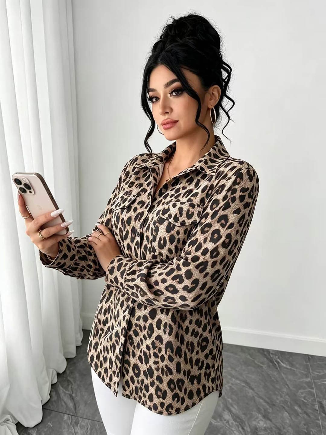 New European and American Cross-Border Classic Retro Plus Size Leopard Print Top, Loose and Fashionable Versatile Flowing Long-Sleeve Shirt for Commuting