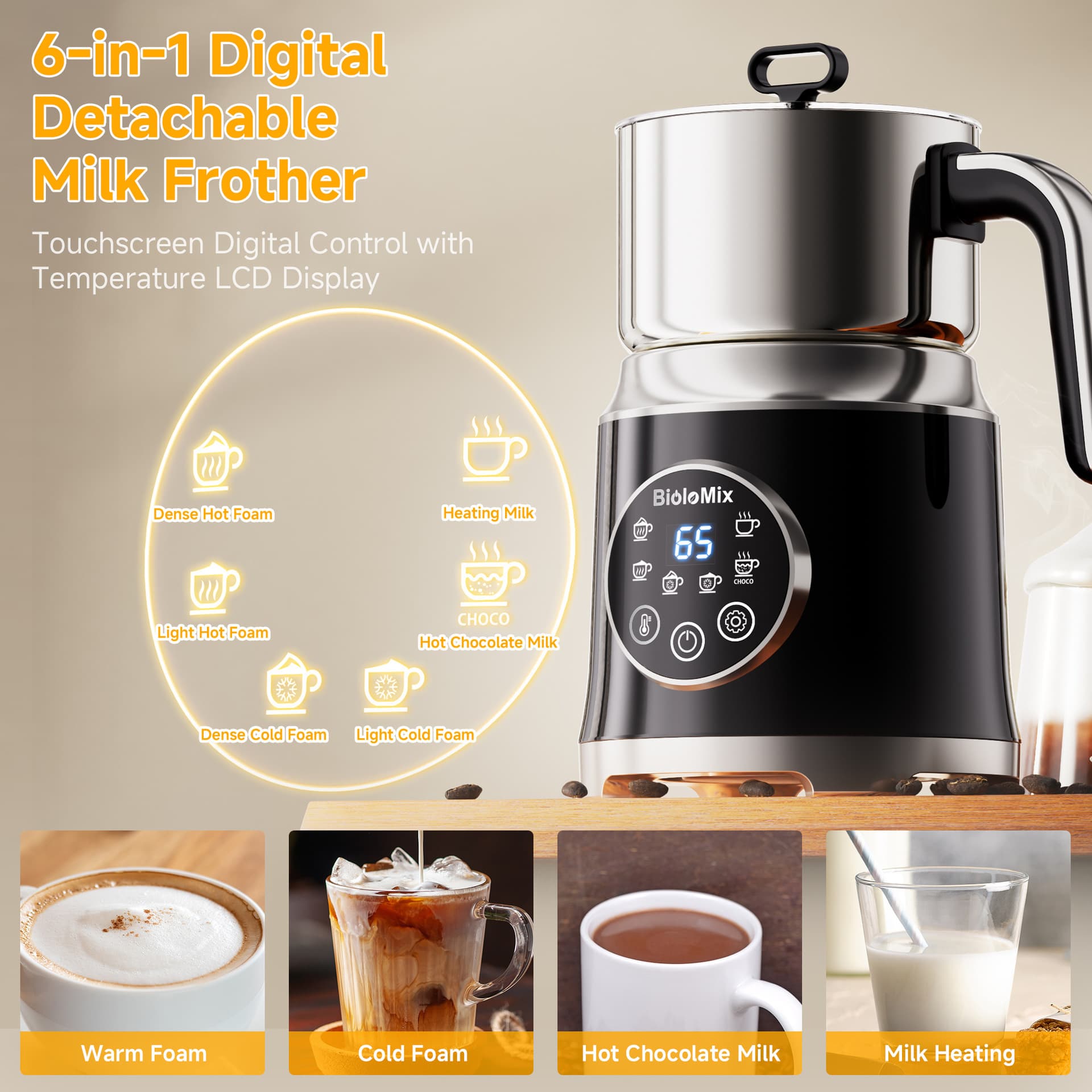 New 1.2L Detachable 6-in-1 Milk Frother Cold & Hot Milk Frother Electric Milk Frother
