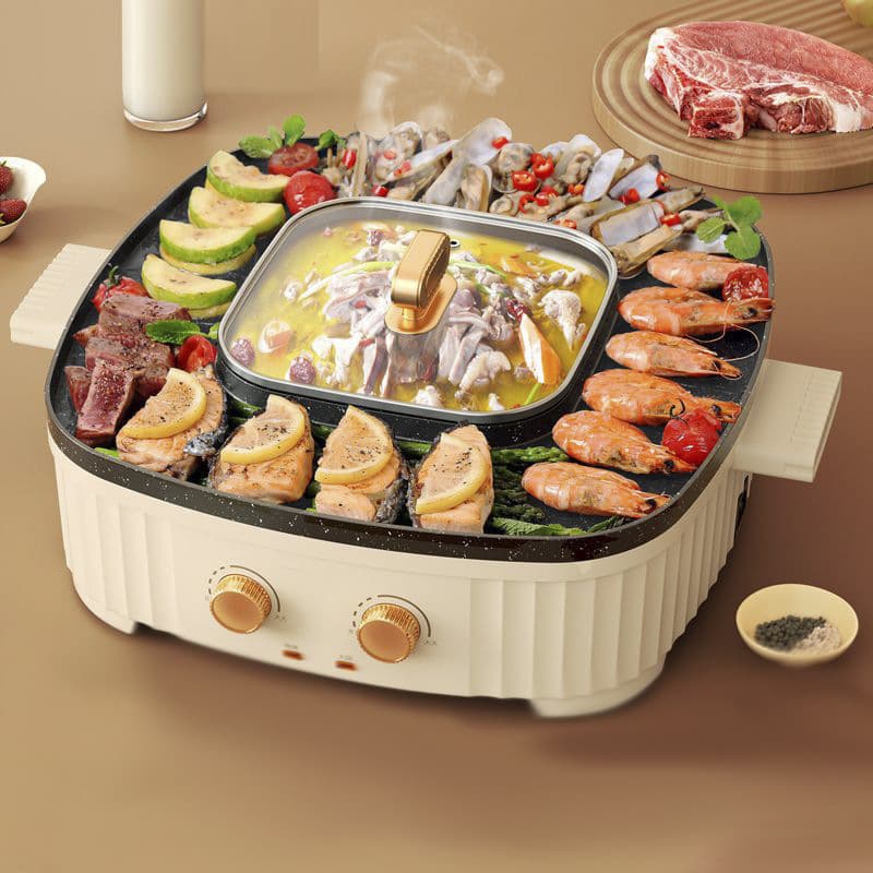Square Hot Pot and Grill Combo Electric Grill Pan Multi-Function Electric BBQ Grill Hot Pot and Grill All-in-One