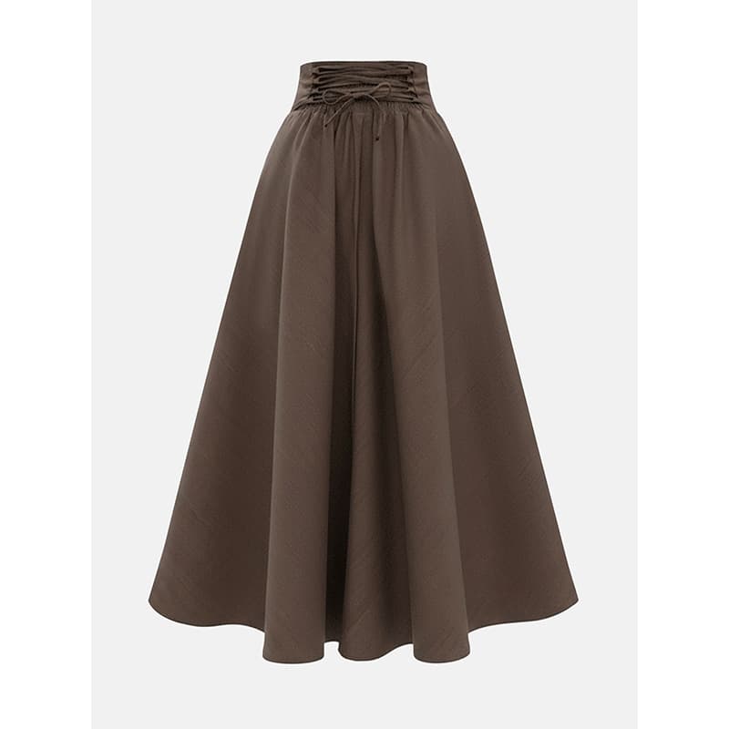Plus Size Brown High-Waist Tie-Front A-Line Long Skirt with Drawstring Waist, Slimming and Flattering