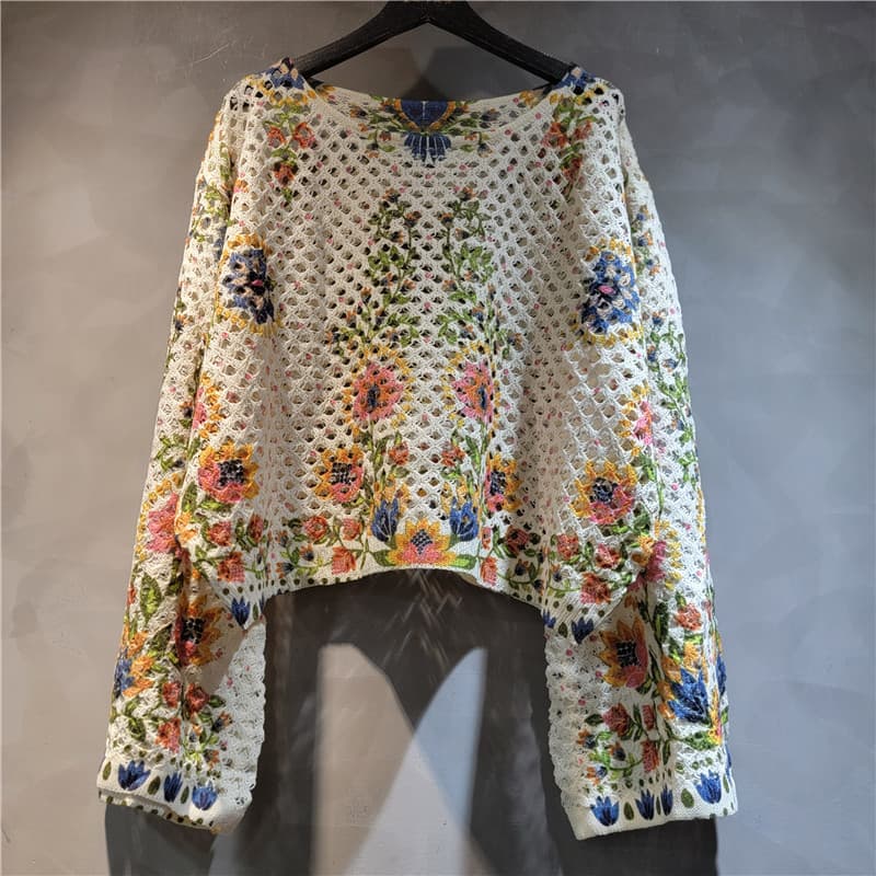 Bohemian Retro Crochet Rainbow Long-Sleeve Cardigan Random Color Block Handmade Crochet Sweater Hollow Knit Top