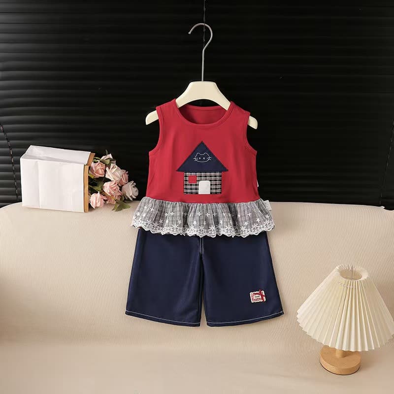 Children's new summer style sleeveless suit for baby girl, wide shoulder vest, lace denim wide leg pants two-piece set