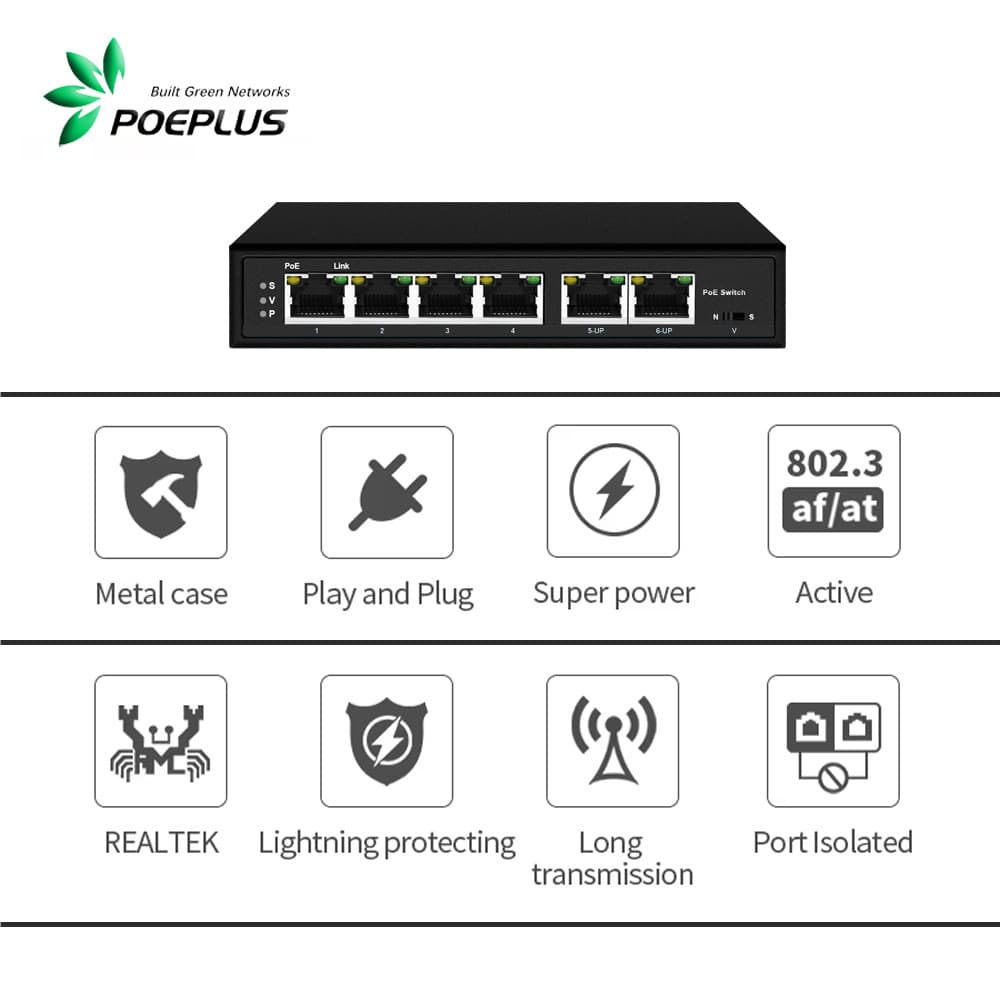 4*100M POE Ports Extender & Switch, 30/90W, VLAN, MAX 250m @10M