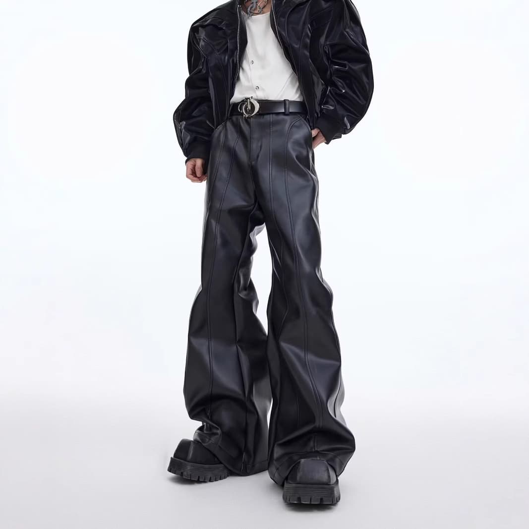 Youth Retro Distressed Wash Split Design Niche Leather Pants Fashionable Versatile Loose Straight-Leg Casual Pants for Men