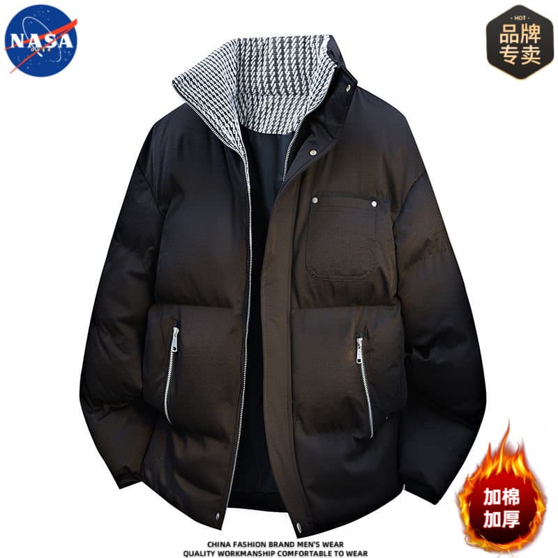 NASA Brand Winter Warm Cotton Jacket Men's Stand Collar Loose Color-Block High-Quality Quilted Coat Couple's Outerwear