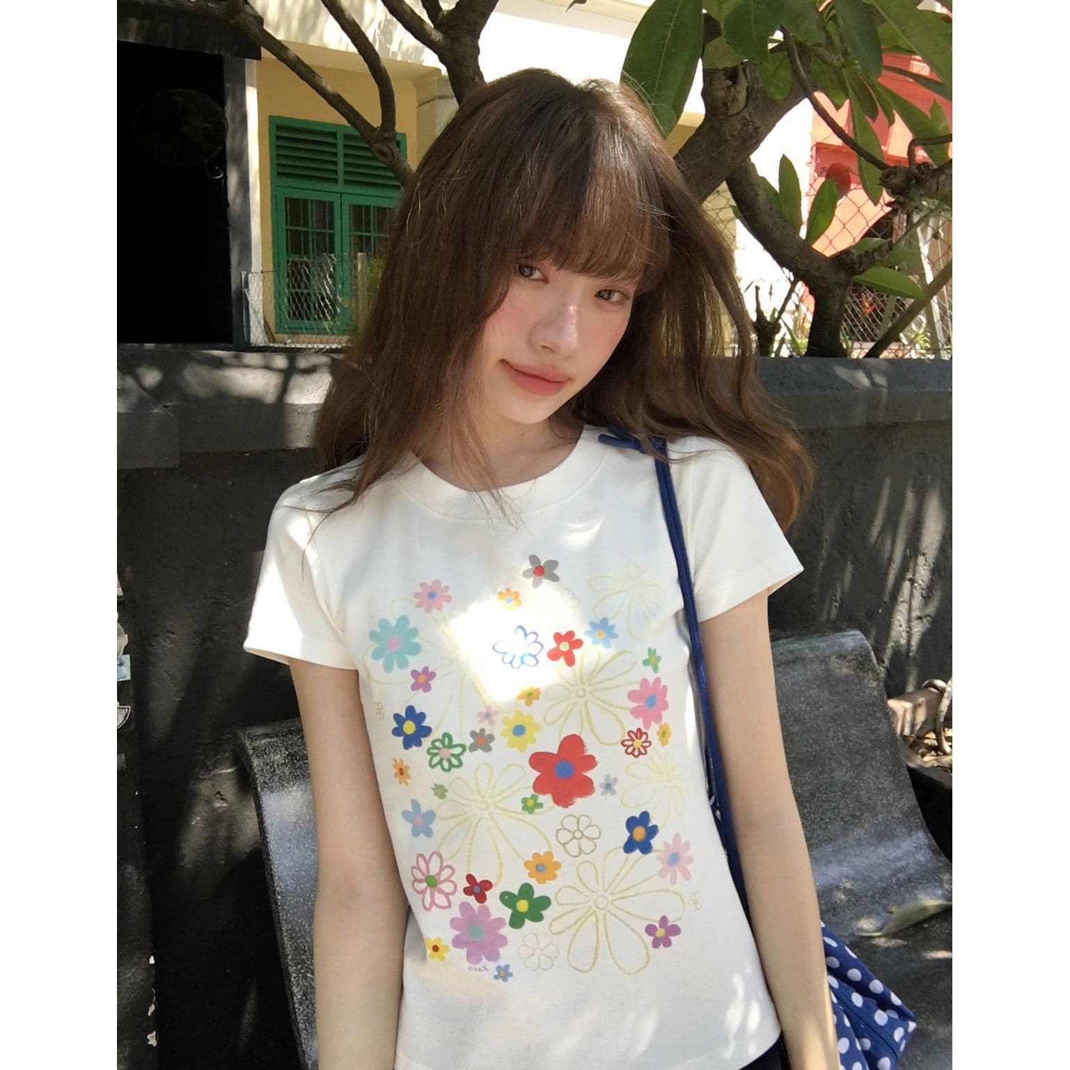 Basic Floral Print Short Sleeve T-Shirt for Women, Slim Fit, Designed Shoulder, Sweet Style