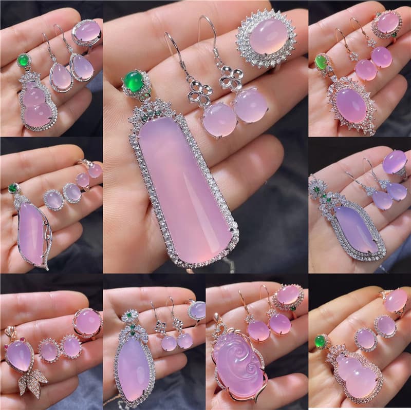 Pink chalcedony three-piece gift box set jewelry ring jade earrings gourd pendant mother's birthday gift