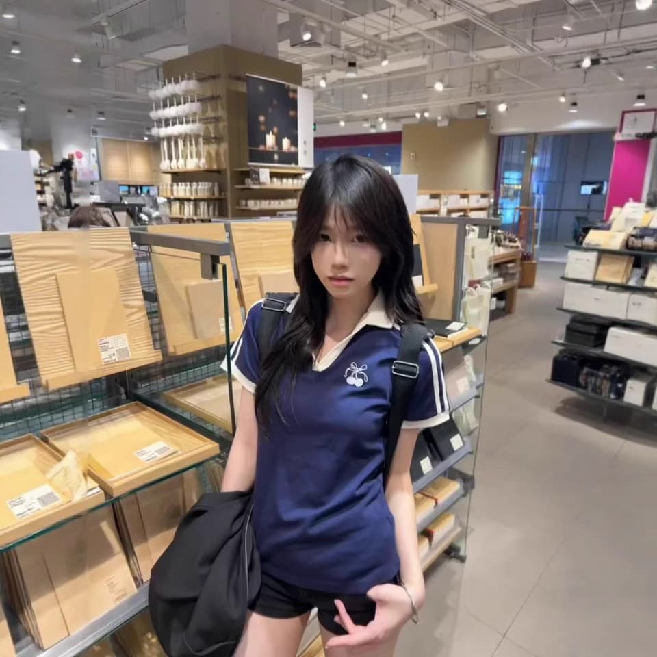 Navy Blue Cherry Embroidered V-Neck Short-Sleeve T-Shirt for Women, Summer 2025 New Arrival, Sweet and Chic Slim-Fit Shoulder Fashion