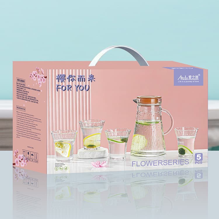 Nordic Cherry Blossom Water Set with Handle for Home Use, High-Aesthetic Glass Tea Set for Living Room