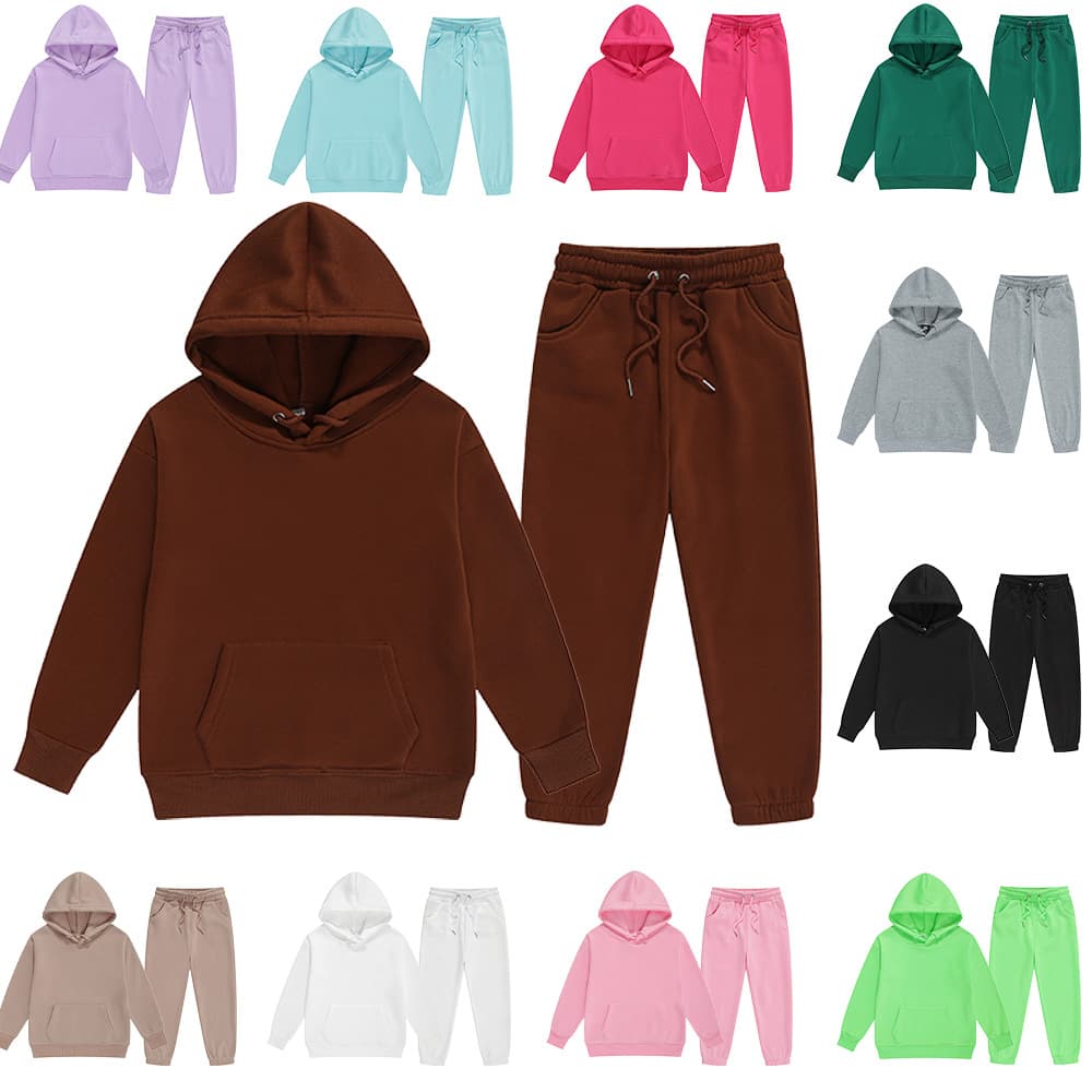 Kids Winter European and American Trendy Boys Fleece Sweatshirt Set Medium and Large Children Hooded Sportswear Multi-Color