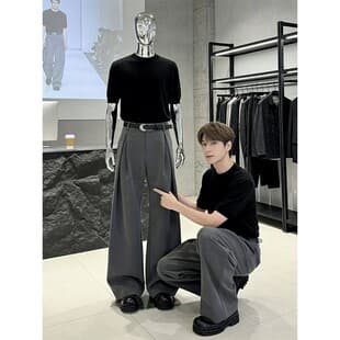 Gray Old Money Pleated Trousers for Men Summer Draped High-End Wide-Leg Pants Cleanfit Curved Knife Pants