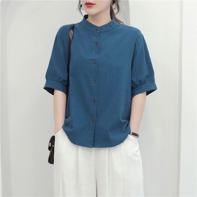 2026 Summer Cotton and Linen Shirt Women's Lantern Sleeve Retro Artistic Top Loose Slim Medium Sleeve Large Size Shirt for Women