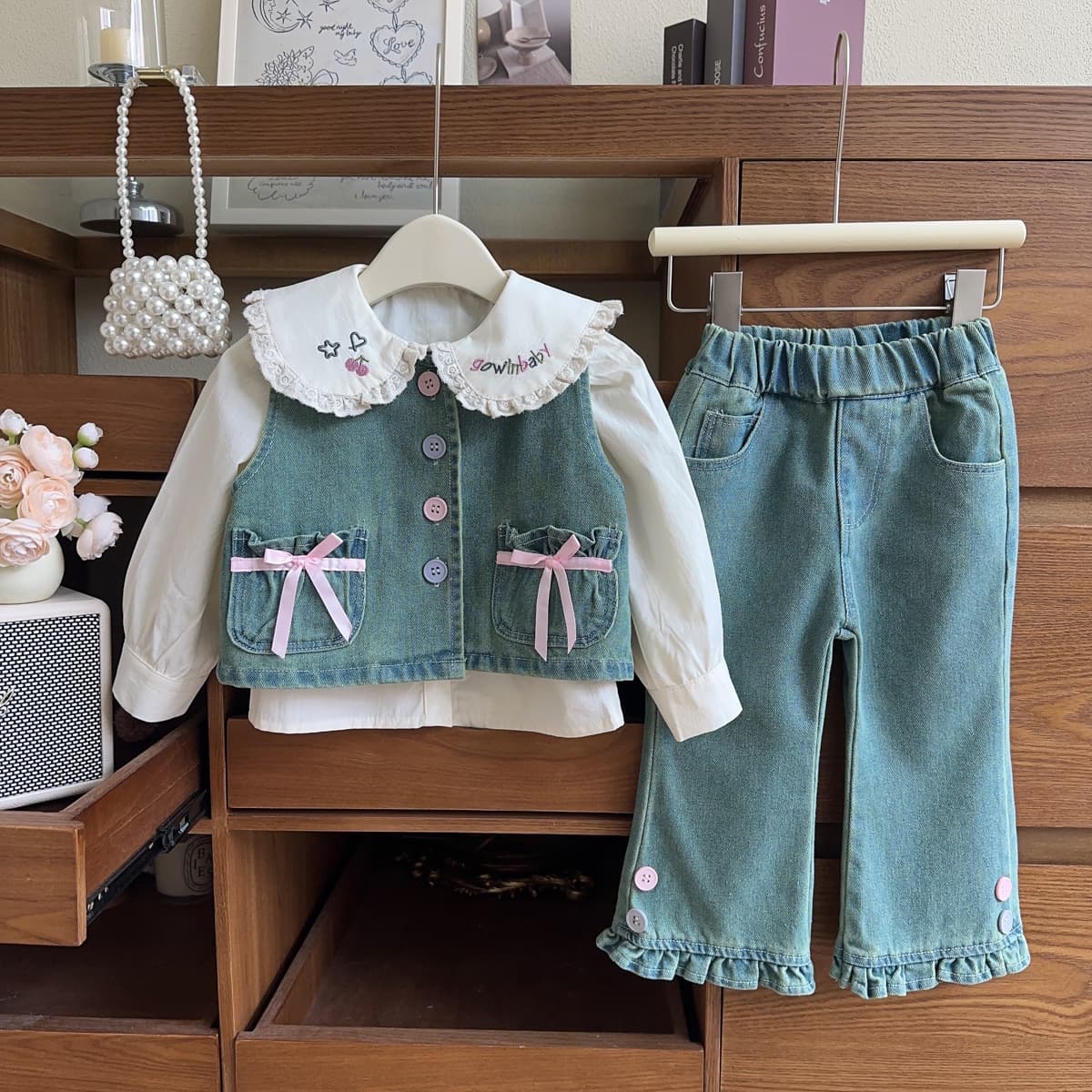 2025 New Girls Doll Shirt Spring Autumn Fashionable Denim Vest and Pants Two-Piece Set