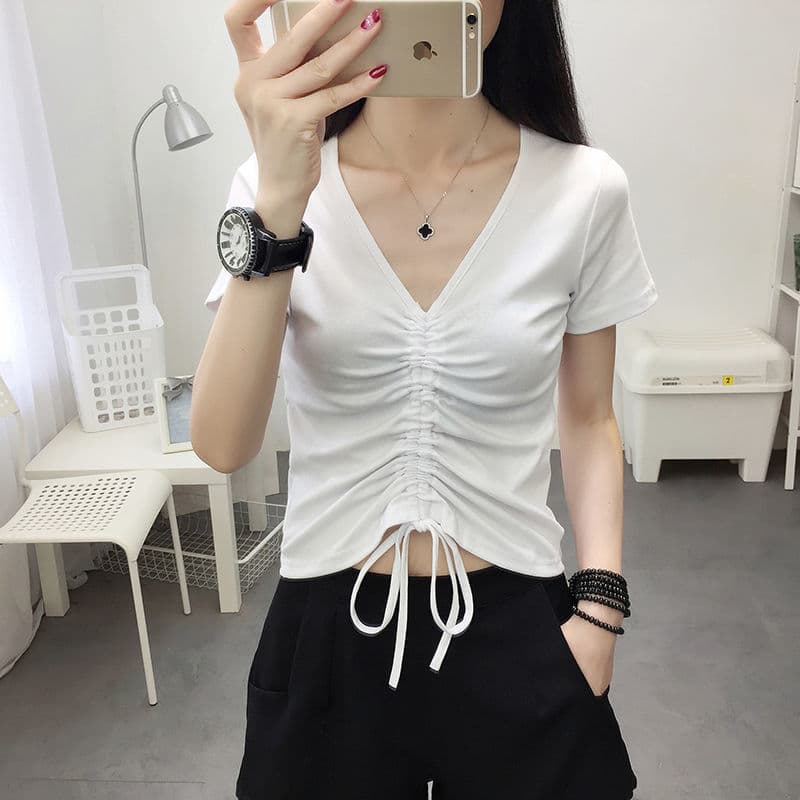 Ribbed Cotton Short Sleeve T-Shirt Women Summer Small Design Sense V-Neck High Waist Drawstring Slim Fit Figure Flattering Top Base Layer Shirt Women