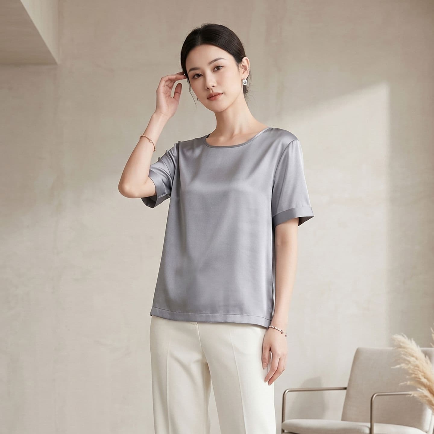 Mulberry Silk Short Sleeve T-Shirt for Women 2026 Summer New Casual Round Neck Top Korean Style Silk Leisure Shirt