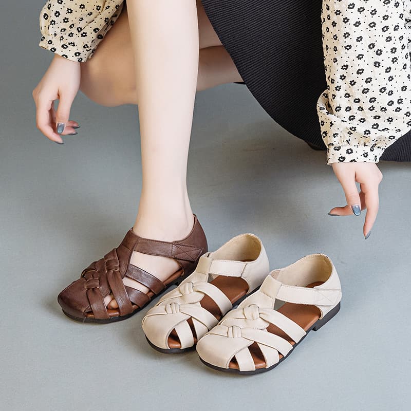 2025 Summer New Genuine Leather Women's Sandals Flat Soft Bottom Hollow Retro Color Woven Sandals Cotton Linen Collocation
