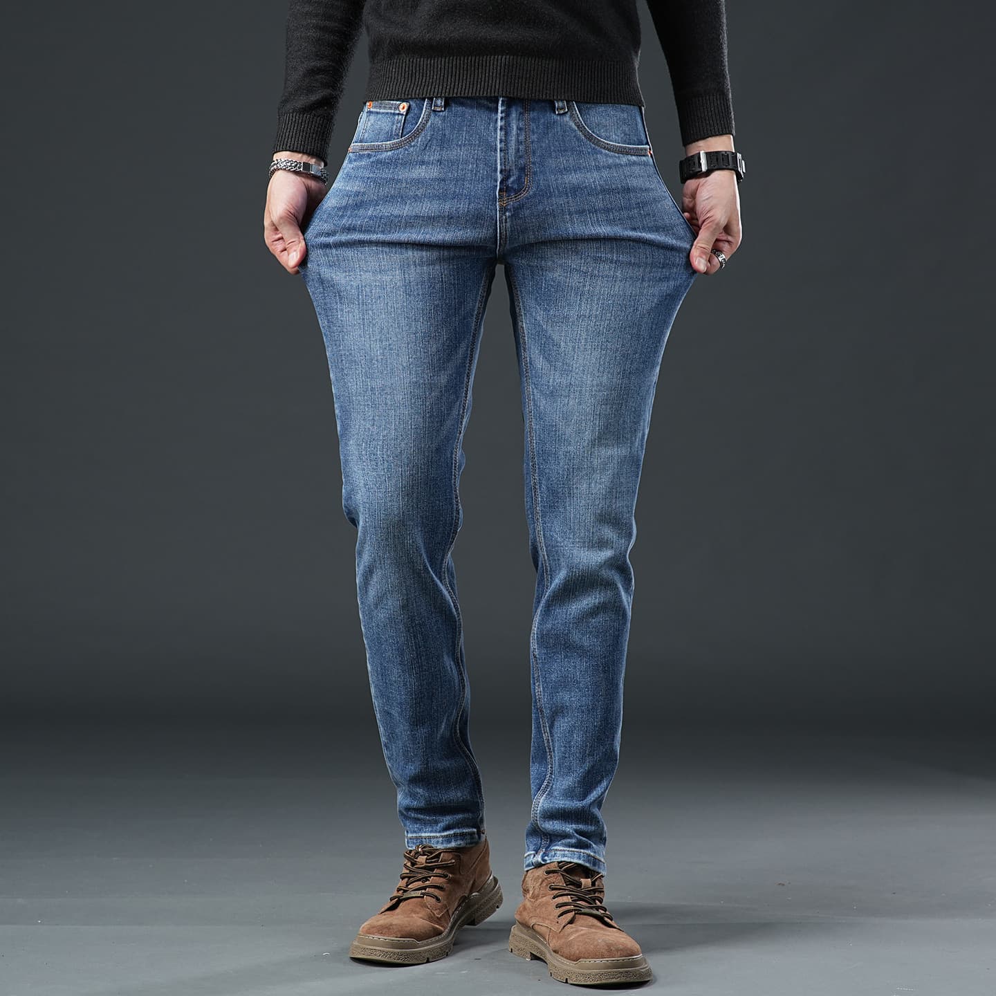 2025 Autumn and Winter Light Luxury Classic Blue Jeans Men's Korean Style Slim Fit Small Feet Tight Casual All-match Pants