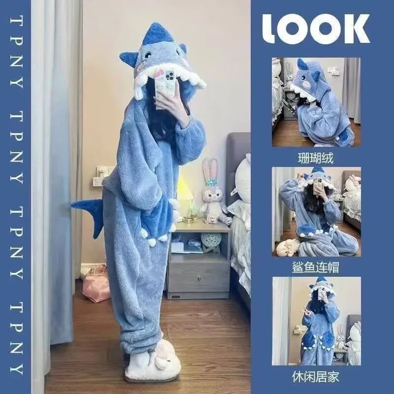 Winter Flannel Onesie Pajamas for Women, Thick Shark Hooded Long Plush Warm Cartoon Set
