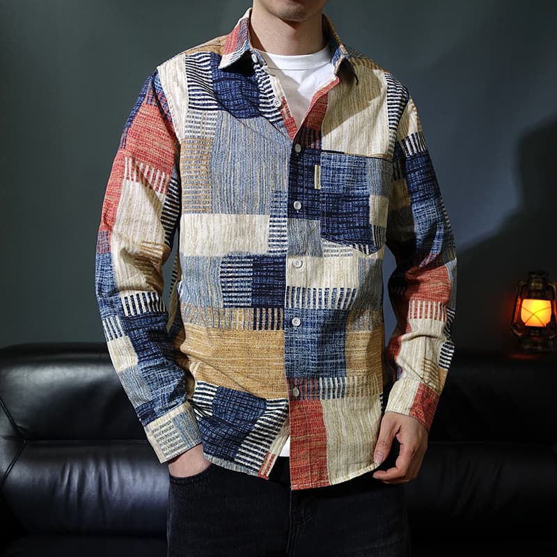 Spring Artistic Color-Block 2025 Long-Sleeve Shirt Men's Fashion Turn-Down Collar Trendy Printed Casual Plaid Shirt Loose Top