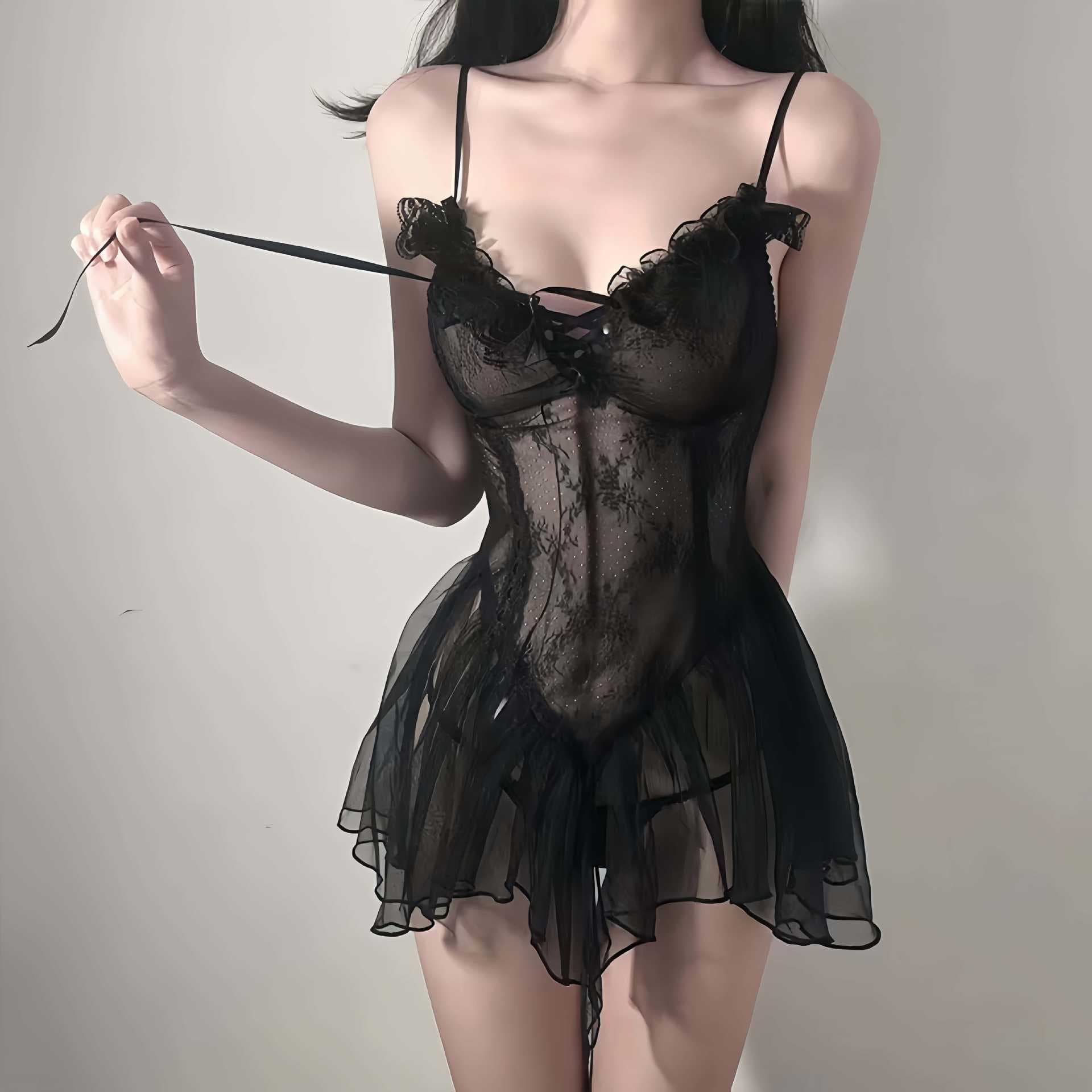 Zui Jiao Sexy Lingerie Lace Slip Dress Open-Crotch No-Removal Flirtatious Sheer Nightgown Maid Temptation Teasing Mesh Skirt
