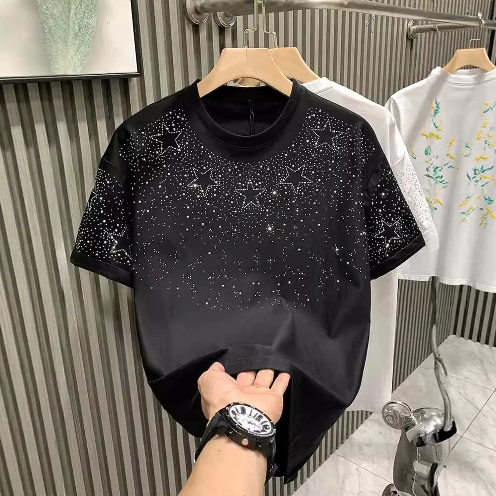 European station fashion brand light luxury men's T-shirt short-sleeved star hot diamond internet celebrity popular high-end niche half-sleeved T-shirt
