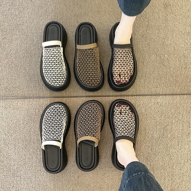 Thick-Soled Platform Sandals for Petite Women, 2026 Summer French Style Mesh Breathable Hollow Wedge Closed-Toe Sandals