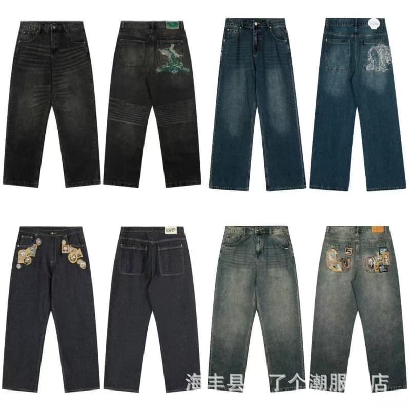 Cross-border trendy brand new casual pants with cartoon plum blossom and cherry blossom embroidery, loose wide-leg jeans