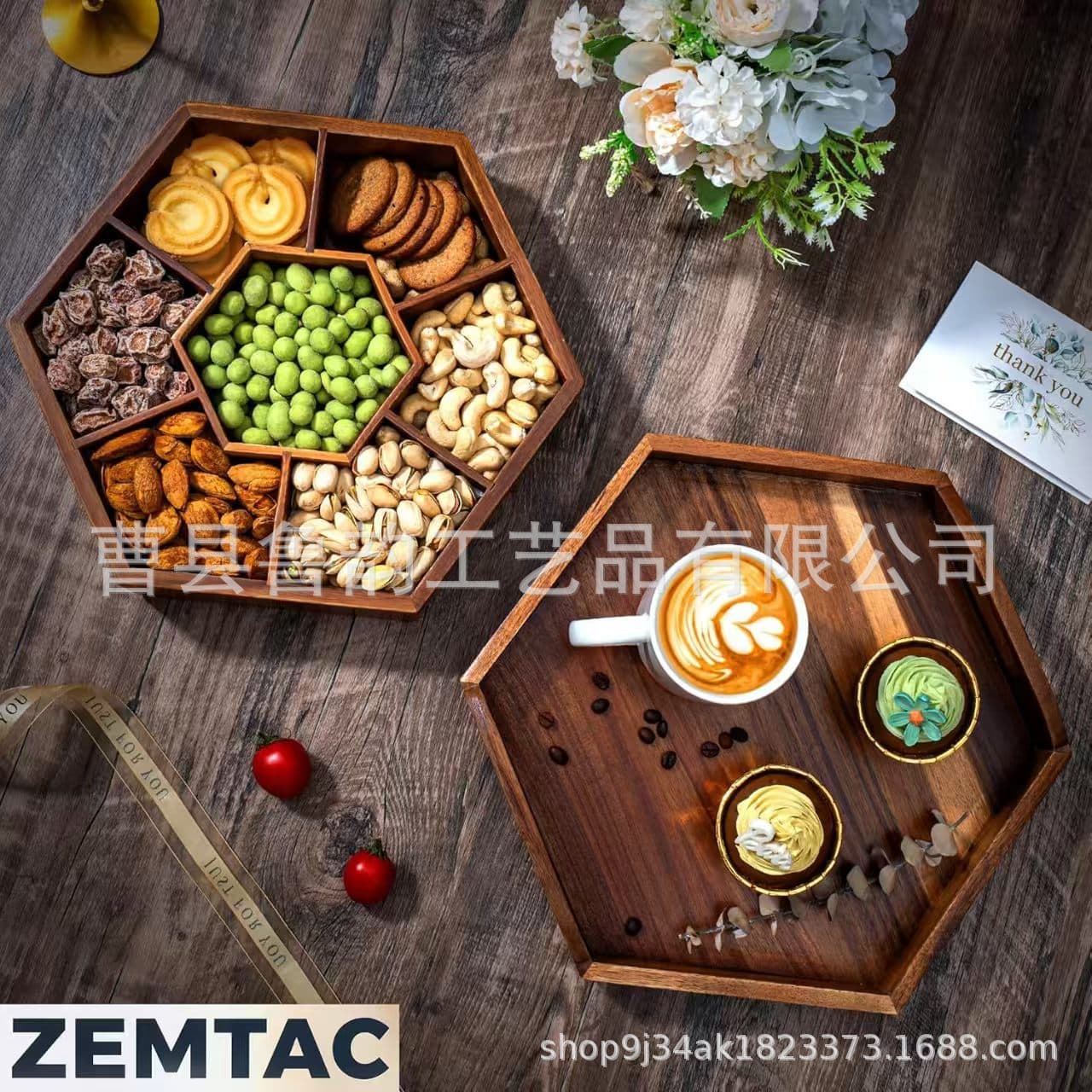 Minimalist Solid Wood Compartmented Fruit Box Hexagonal Candy Storage Box Snack Lidded Dry Fruit Plate Dessert Wooden Decorative Box