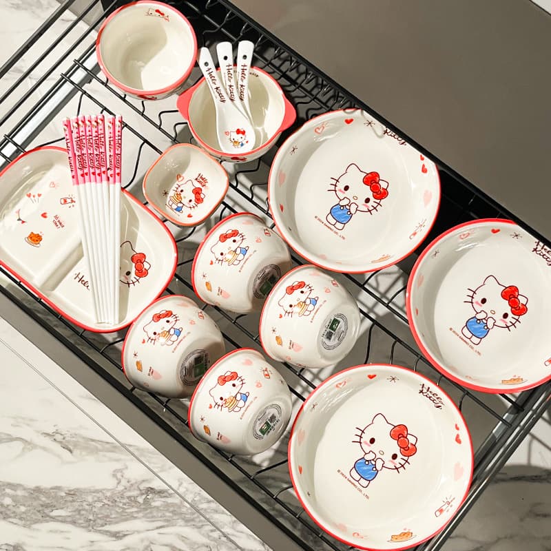 HelloKitty Ceramic Bowl Set - Cartoon Ceramic Tableware, High-Aesthetic Bowls, Plates, Chopsticks, Spoons, Free Combination Set