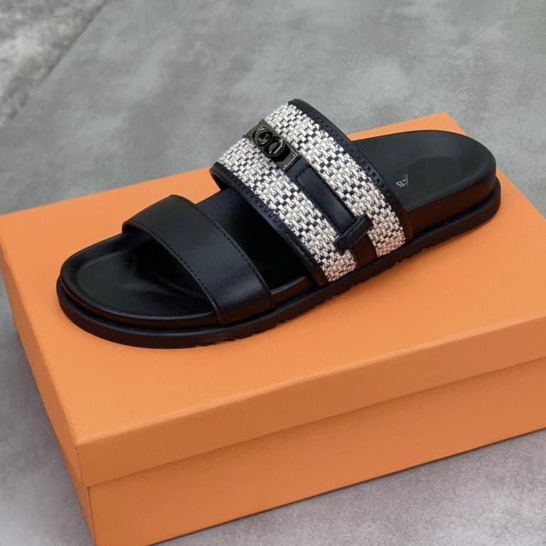 1:1 Cross-Border Original Label Original Box Luxury Brand Slippers H-Style Genuine Leather Outdoor Portable Beach Flat Slippers