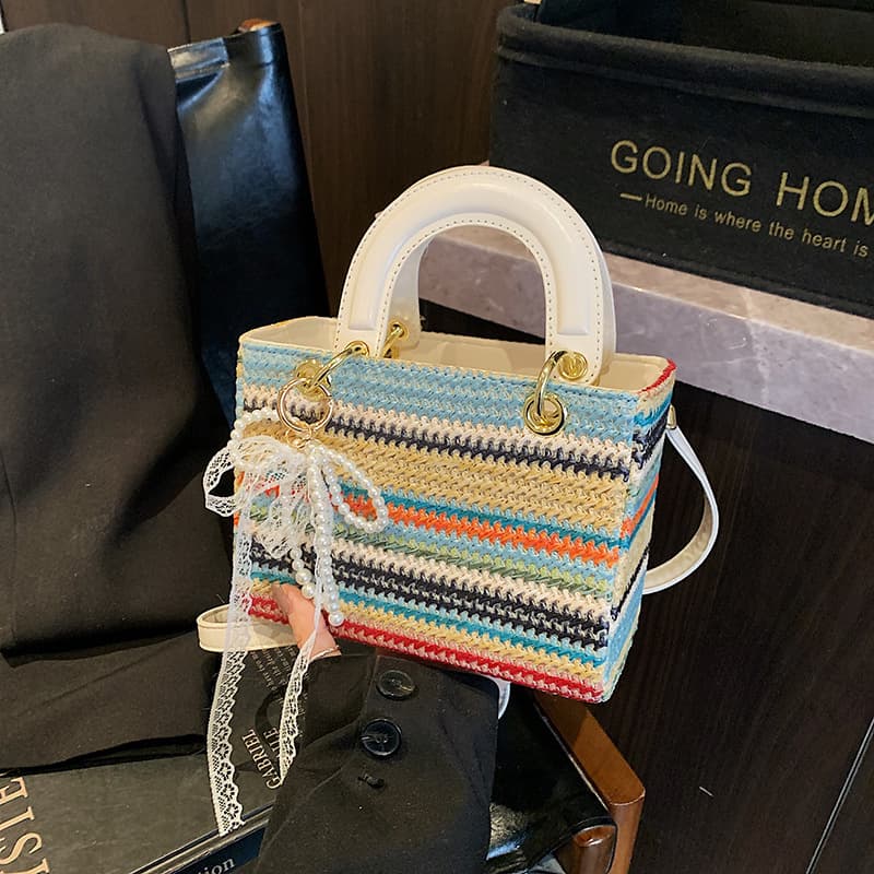 Straw Woven Rainbow Handbag for Women 2025 Spring New Simple Contrast Color Lady Bag Trendy Versatile Crossbody Bag