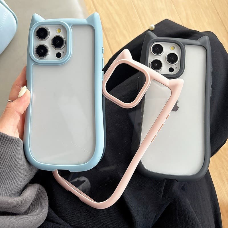 3D Cat Ear Bumper Phone Case for iPhone 17 Pro Max, Fresh Ins Style Transparent XS Cute 16E